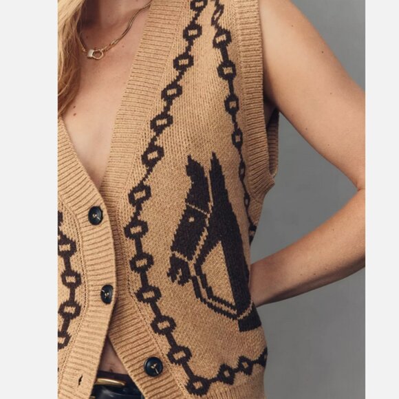 Anthropologie Knit V-Neck Cardigan Sweater Vest Western Horse Equestrian XS NWT - Picture 3 of 6